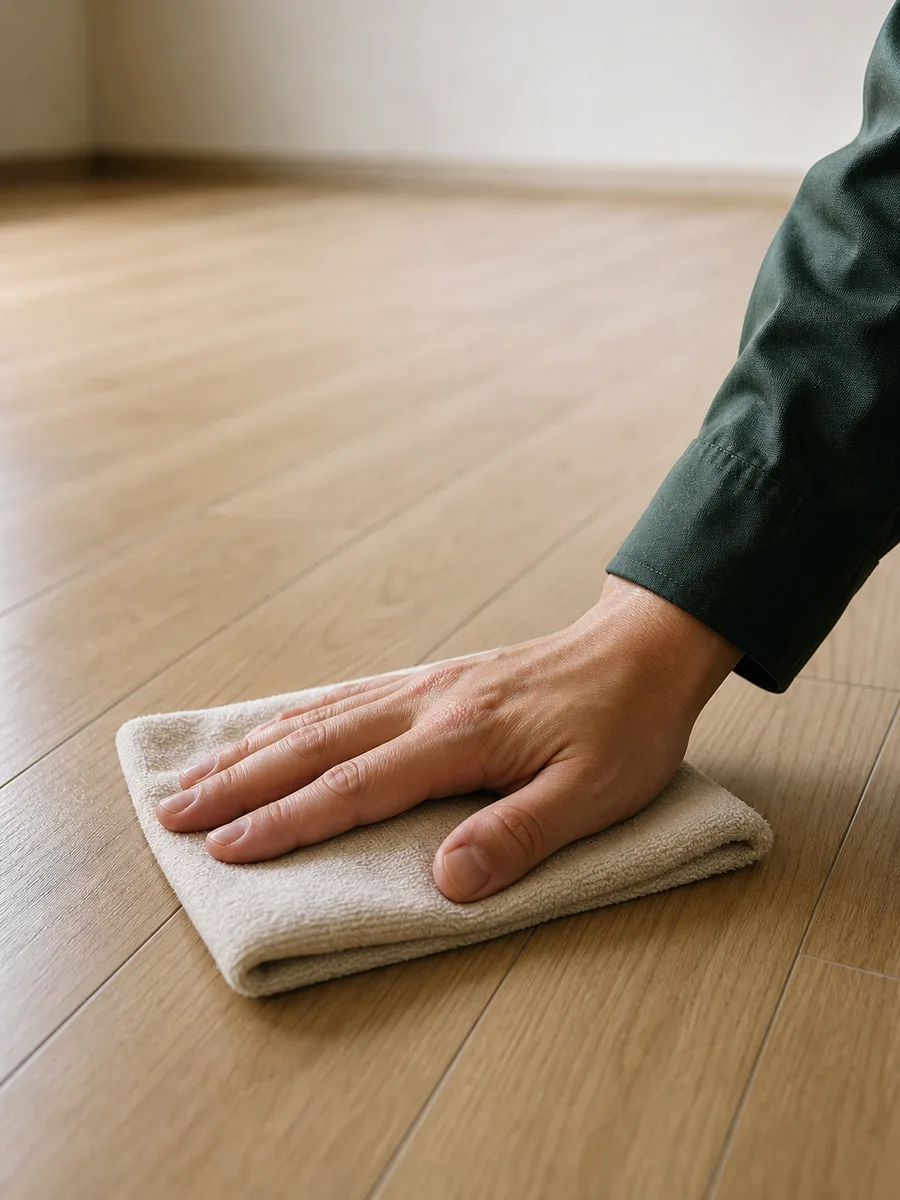 家財を運び出したあとの床を拭いているところ