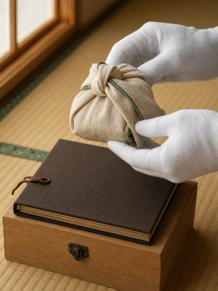 白い手袋をした手で、布に包まれた品物を丁寧に扱っているところ