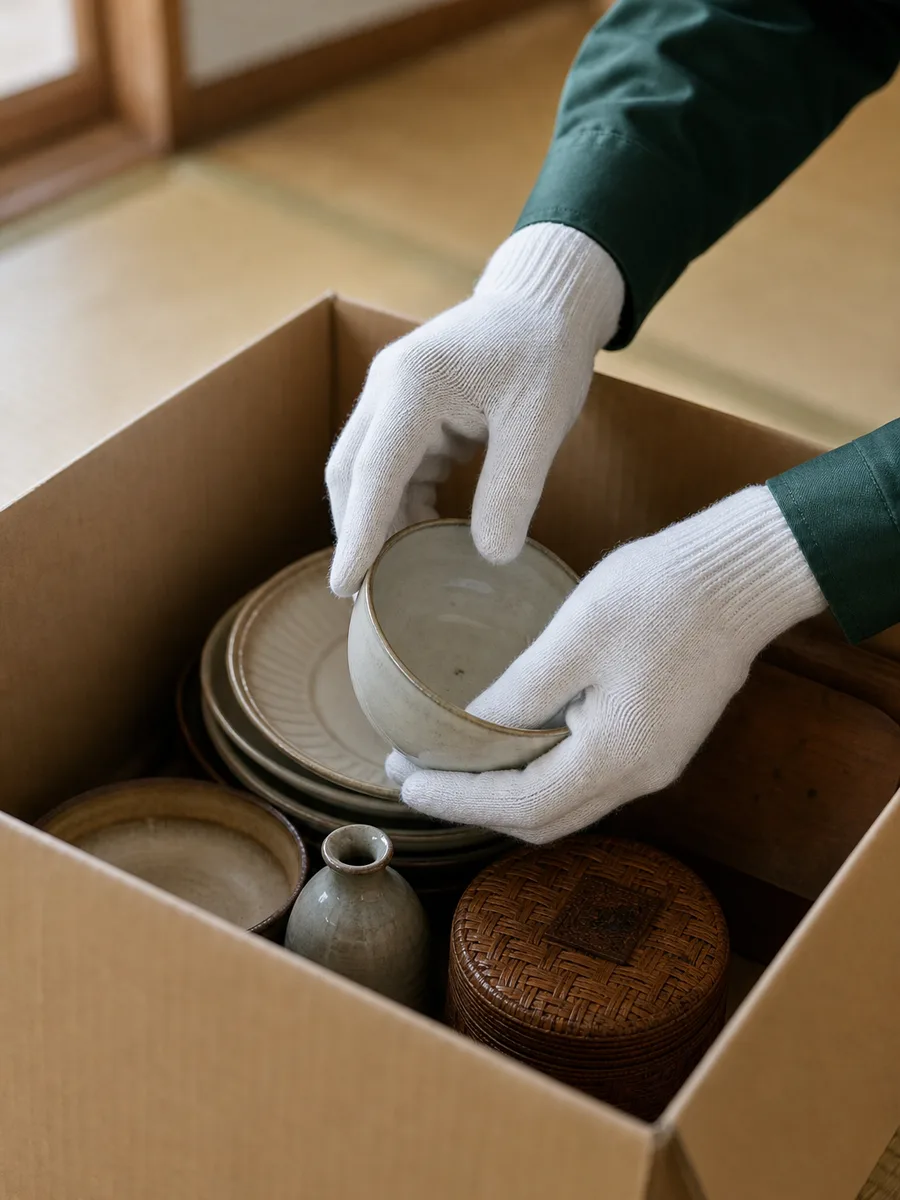 手袋をした手が食器を段ボール箱へ仕分けているところ